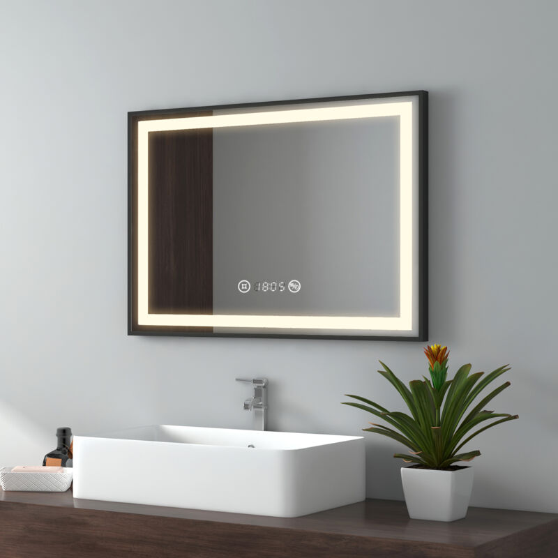 foto del prodotto emke specchio da bagno a led cornice nera con interruttore touch, antiappannamento, orologio, temperatura, dimmerabile, funzione memory, luce neutra