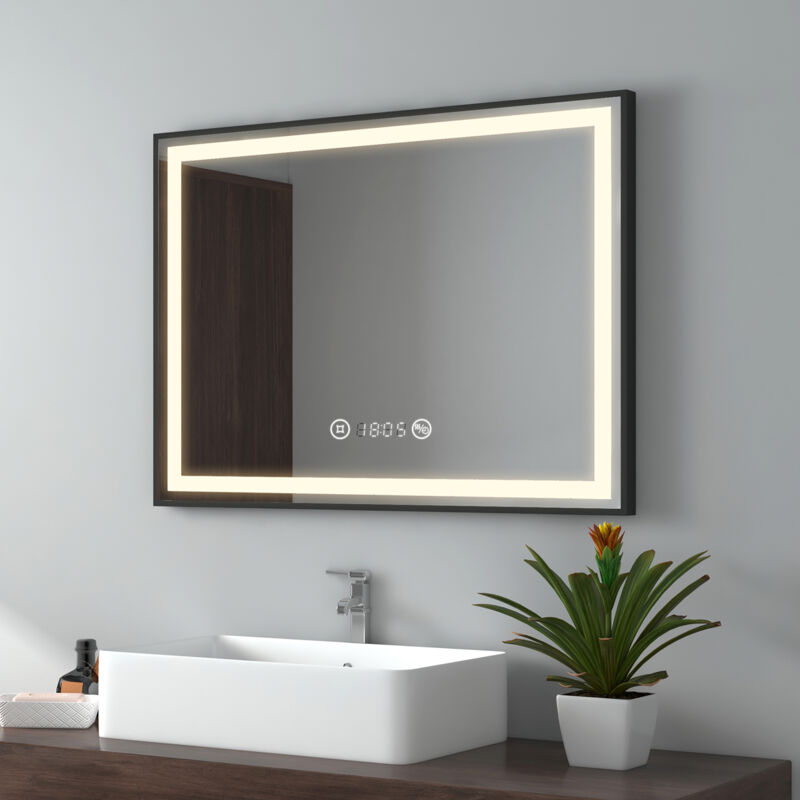 foto del prodotto emke specchio da bagno a led cornice nera con interruttore touch, antiappannamento, orologio, temperatura, dimmerabile, funzione memory, luce neutra