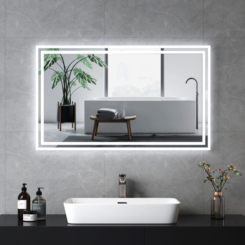 foto del prodotto emke specchio da bagno con interruttore a pulsante, antiappannamento, luce bianca fredda calda 100x60 cm