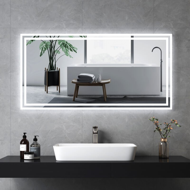 foto del prodotto emke specchio da bagno con interruttore a pulsante, antiappannamento, luce bianca fredda calda 120x60 cm