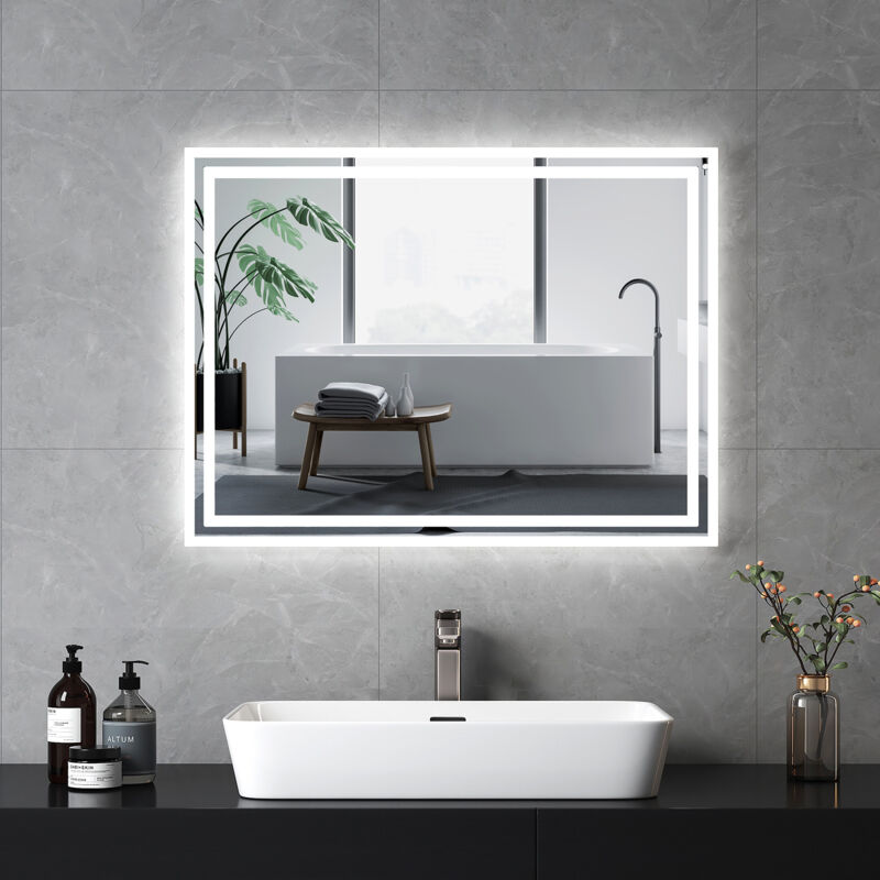 foto del prodotto emke specchio da bagno con interruttore a pulsante, antiappannamento, luce bianca fredda calda 80x60 cm