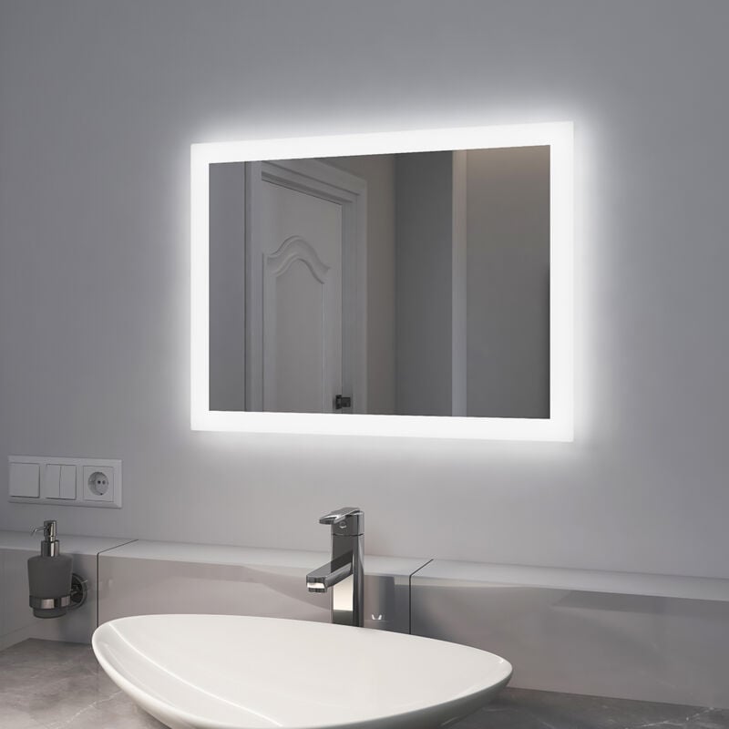 foto del prodotto emke specchio da bagno con luce 60 x 45 cm, specchio bagno led con interruttore pulsante anti appannamento 2 luci colorate specchio per bagno