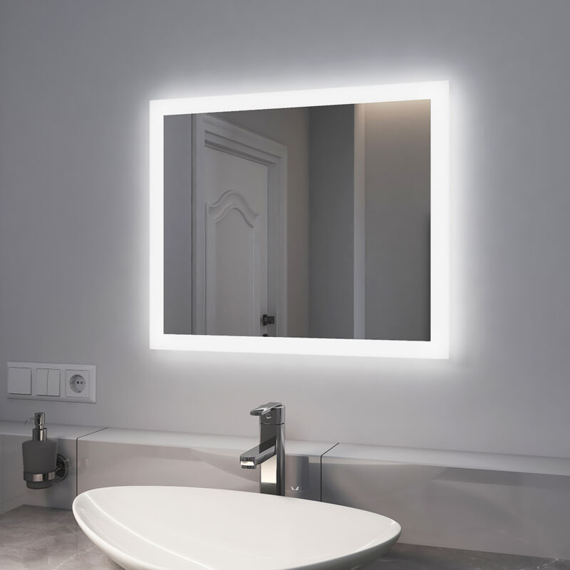 foto del prodotto emke specchio da bagno con luce 60 x 50 cm, specchio bagno led con interruttore pulsante anti appannamento 2 luci colorate specchio per bagno