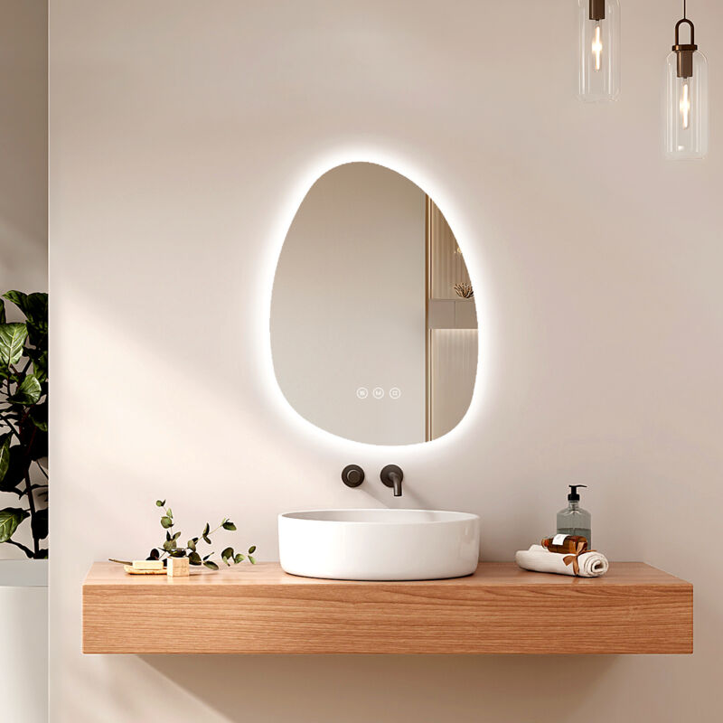 foto del prodotto emke specchio da bagno illuminato asimmetrico, specchio da bagno, antiappannamento, interruttore touch, 3 colori di luce dimmerabili, 65 x 45 cm
