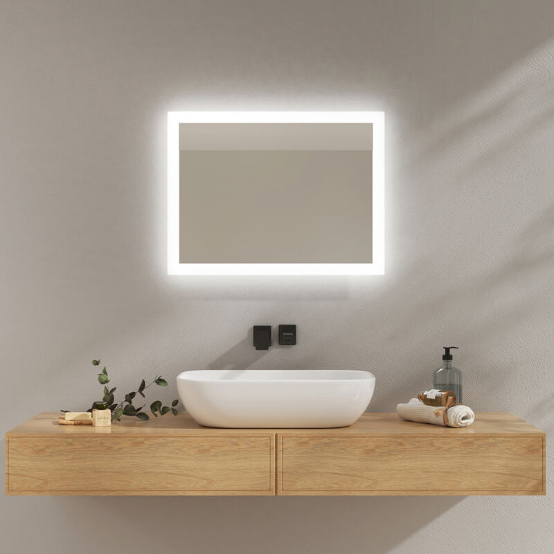 foto del prodotto emke specchio da bagno illuminato con interruttore meccanico, antiappannamento, due colori di luce 60x45 cm luce calda bianca fredda