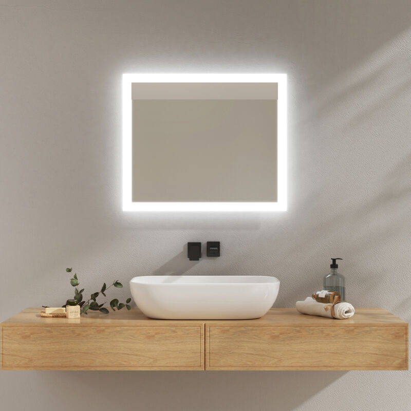 foto del prodotto emke specchio da bagno illuminato con interruttore meccanico, antiappannamento, due colori di luce 60x50 cm luce calda bianca fredda