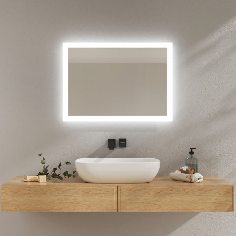 foto del prodotto emke specchio da bagno illuminato con interruttore meccanico, antiappannamento, due colori di luce 70x50 cm luce calda bianca fredda