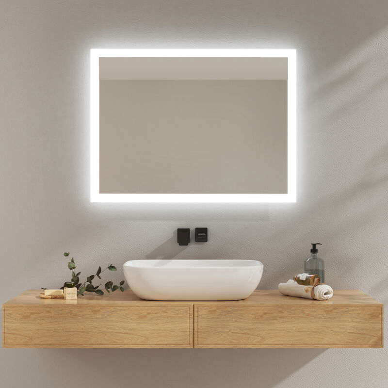 foto del prodotto emke specchio da bagno illuminato con interruttore meccanico, antiappannamento, due colori di luce 80x60 cm luce calda bianca fredda