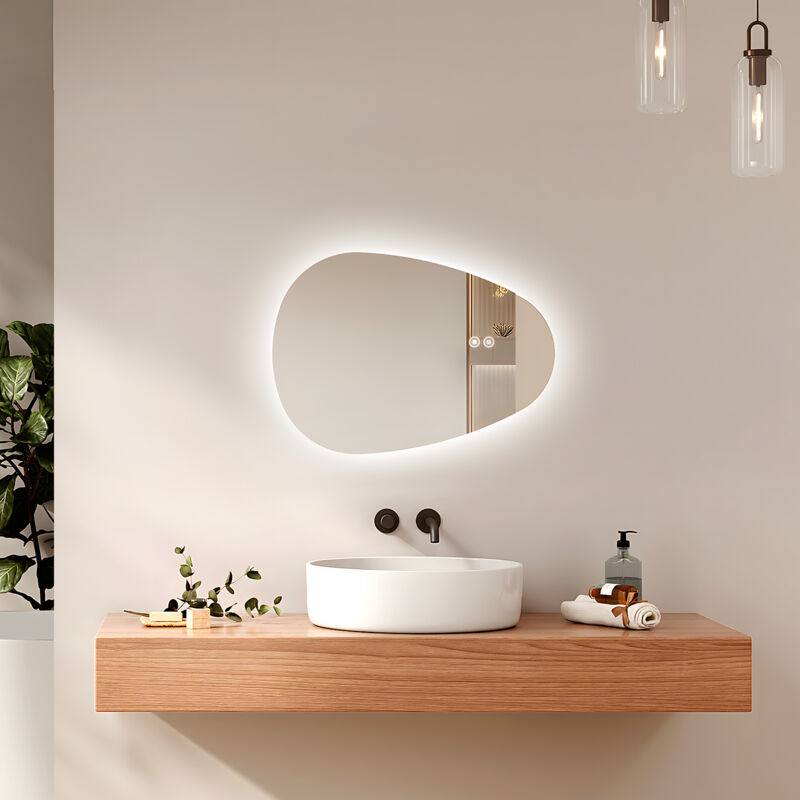 immagine 0 del prodotto emke specchio da bagno illuminato con retroilluminazione, specchio da bagno asimmetrico, antiappannamento, interruttore touch, 3 colori di luce