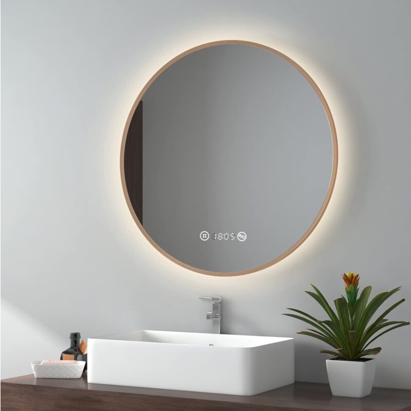 foto del prodotto emke specchio da bagno led con interruttore touch, antiappannamento, orologio, temperatura, dimmerabile, funzione memory, luce neutra, diametro 70 cm