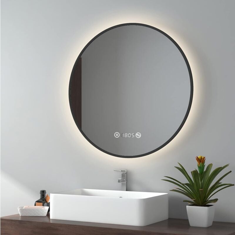 foto del prodotto emke specchio da bagno led con interruttore touch, antiappannamento, orologio, temperatura, dimmerabile, funzione memory, luce neutra, diametro 70 cm