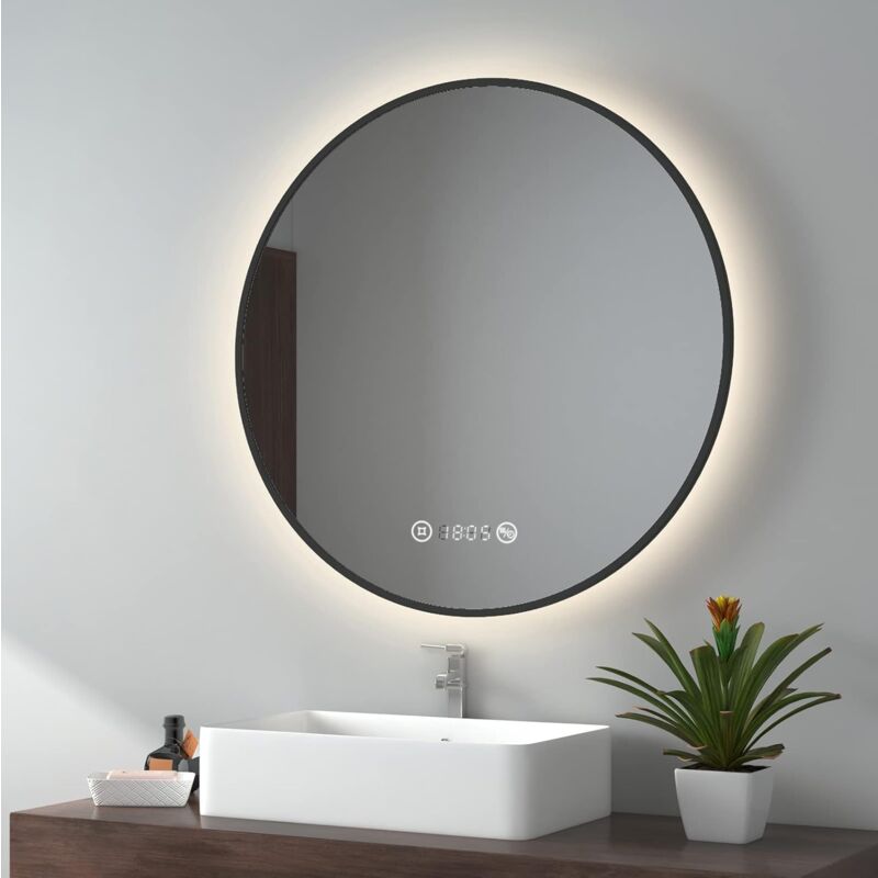 foto del prodotto emke specchio da bagno led con interruttore touch, antiappannamento, orologio, temperatura, dimmerabile, funzione memory, luce neutra, diametro 80