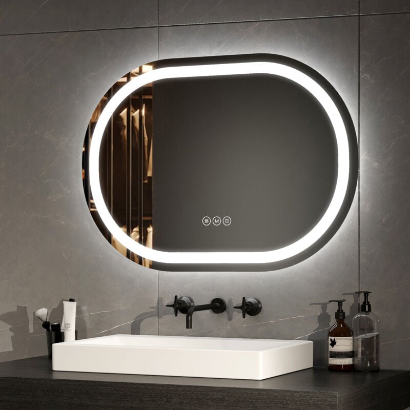 foto del prodotto emke specchio da bagno ovale specchio da bagno illuminato a led con interruttore tattile antiappannamento dimmerabile 3 colori dimmerabili funzione