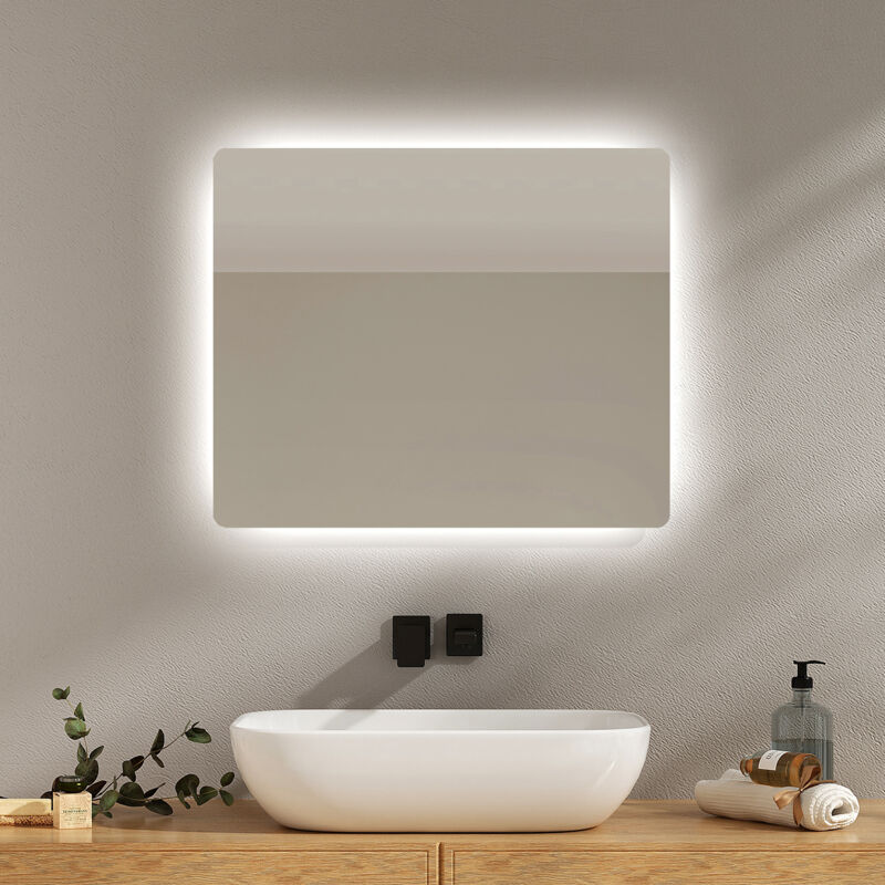 foto del prodotto emke specchio da bagno retroilluminato con interruttore a pulsante, antiappannamento, due colori di luce 60x50 cm luce bianca fredda calda