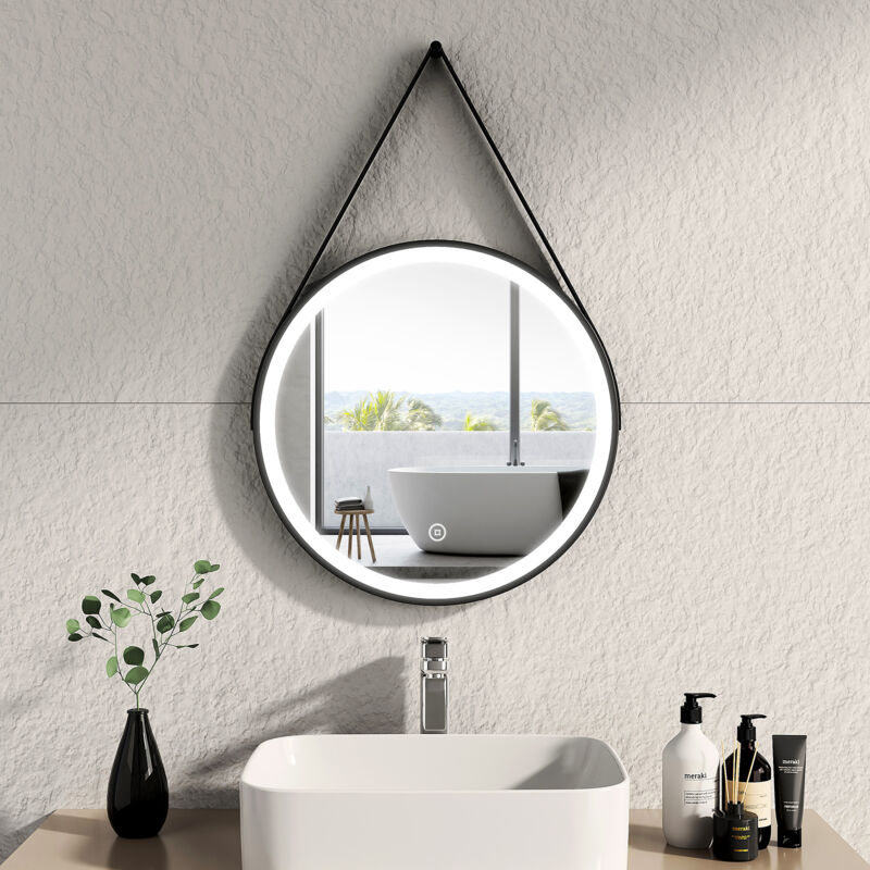 foto del prodotto emke specchio da bagno rotondo a led con cornice nera con cinghia regolabile, interruttore tattile diametro 50 cm luce bianca fredda