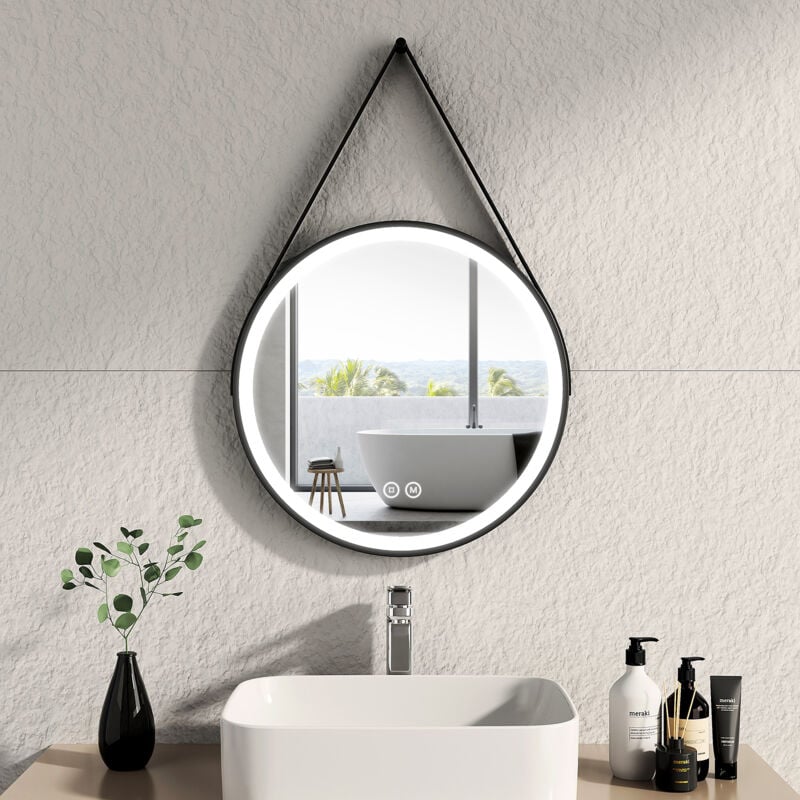 foto del prodotto emke specchio da bagno rotondo a led con cornice nera con cinghia regolabile, interruttore tattile diametro 50 cm luce bianca fredda calda neutra