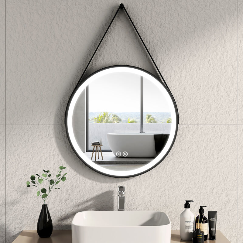 foto del prodotto emke specchio da bagno rotondo a led con cornice nera con cinghia regolabile, interruttore tattile diametro 60 cm luce bianca fredda calda neutra