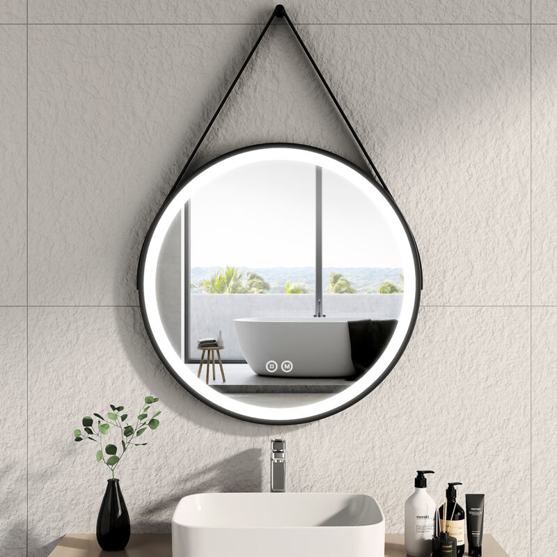 immagine 0 del prodotto emke specchio da bagno rotondo a led con cornice nera con cinghia regolabile, interruttore tattile diametro 70 cm luce bianca fredda calda neutra