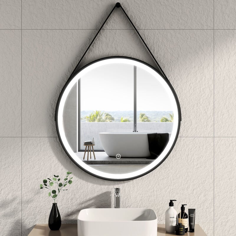 foto del prodotto emke specchio da bagno rotondo a led con cornice nera con cinghia regolabile, interruttore tattile diametro 80 cm luce bianca fredda