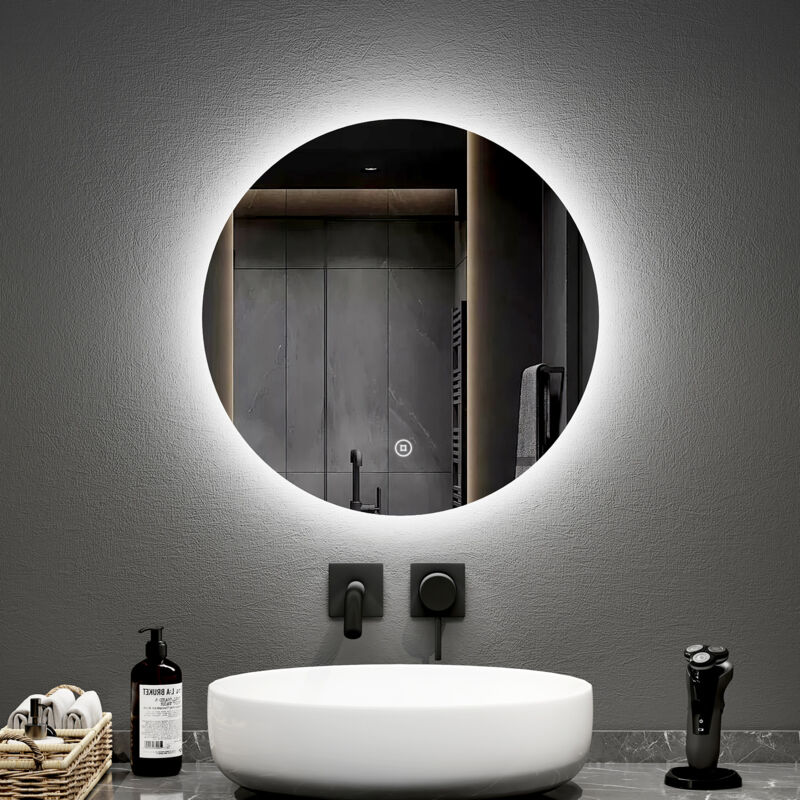 foto del prodotto emke specchio da bagno rotondo a led con interruttori touch retroilluminati senza cornice diametro 50 cm luce bianca