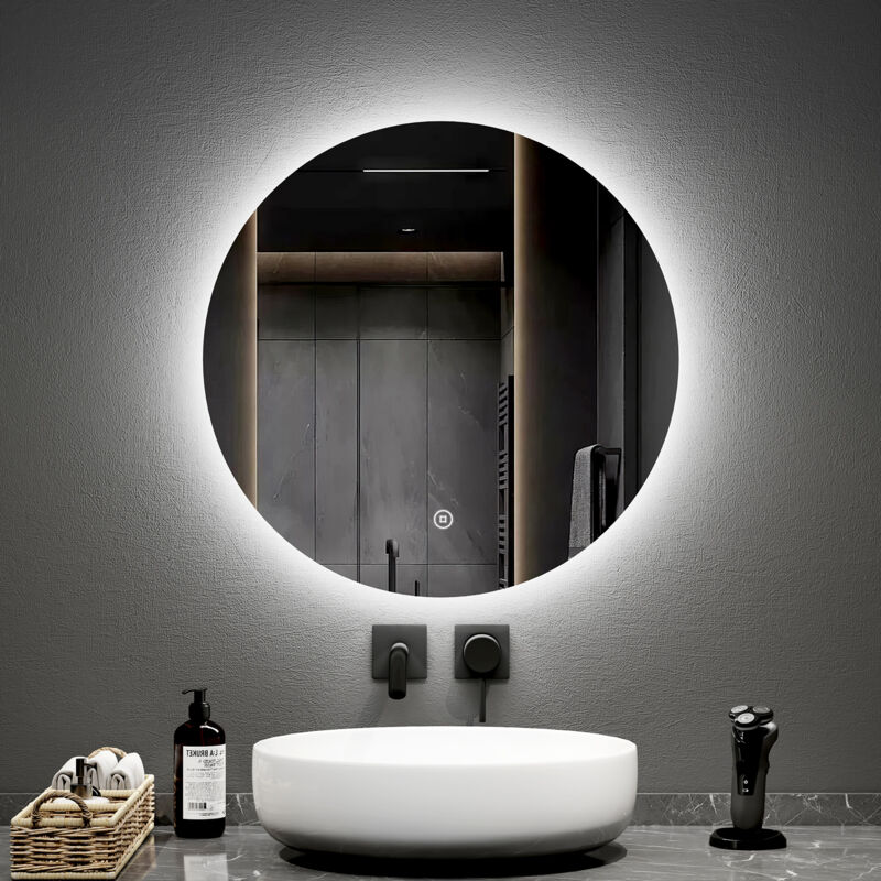 foto del prodotto emke specchio da bagno rotondo a led con interruttori touch retroilluminati senza cornice diametro 60 cm luce bianca