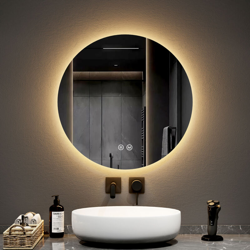 foto del prodotto emke specchio da bagno rotondo a led con interruttori touch retroilluminati senza cornice diametro 60 cm luce bianca fredda calda neutra