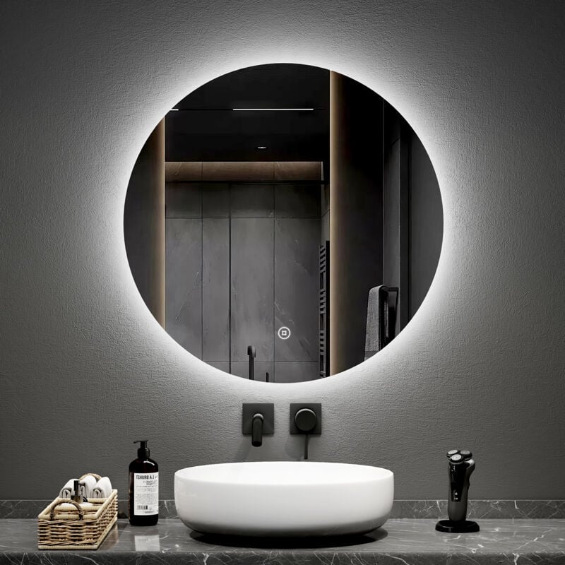 foto del prodotto emke specchio da bagno rotondo a led con interruttori touch retroilluminati senza cornice diametro 70 cm luce bianca