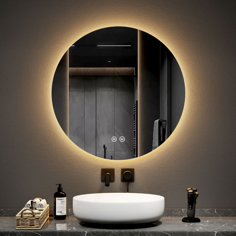 foto del prodotto emke specchio da bagno rotondo a led con interruttori touch retroilluminati senza cornice diametro 70 cm luce bianca fredda calda neutra