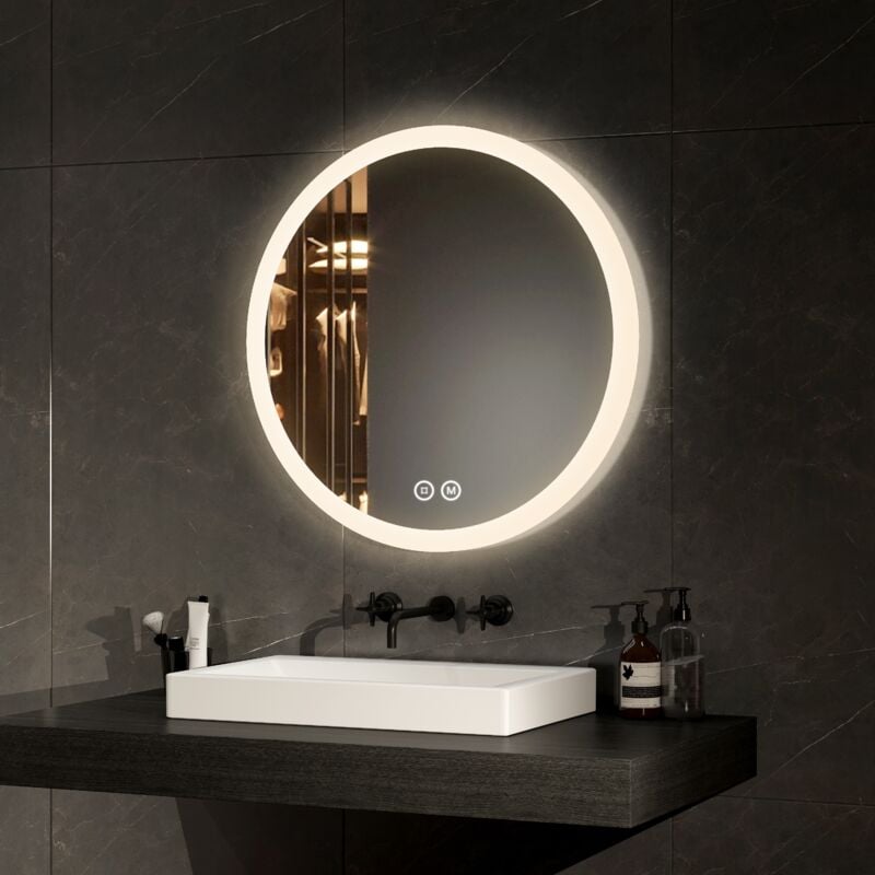 foto del prodotto emke specchio da bagno rotondo illuminato con interruttore touch, antiappannamento, 3 colori, dimmerabile, funzione memory, diametro 60cm