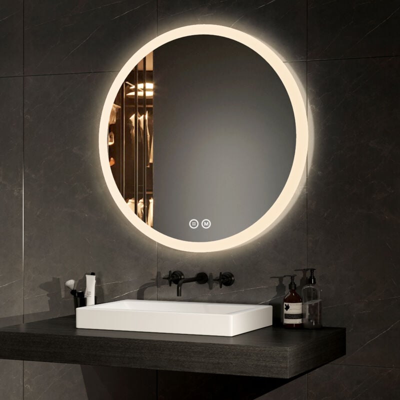 foto del prodotto emke specchio da bagno rotondo illuminato con interruttore touch, antiappannamento, 3 colori, dimmerabile, funzione memory, diametro 70cm