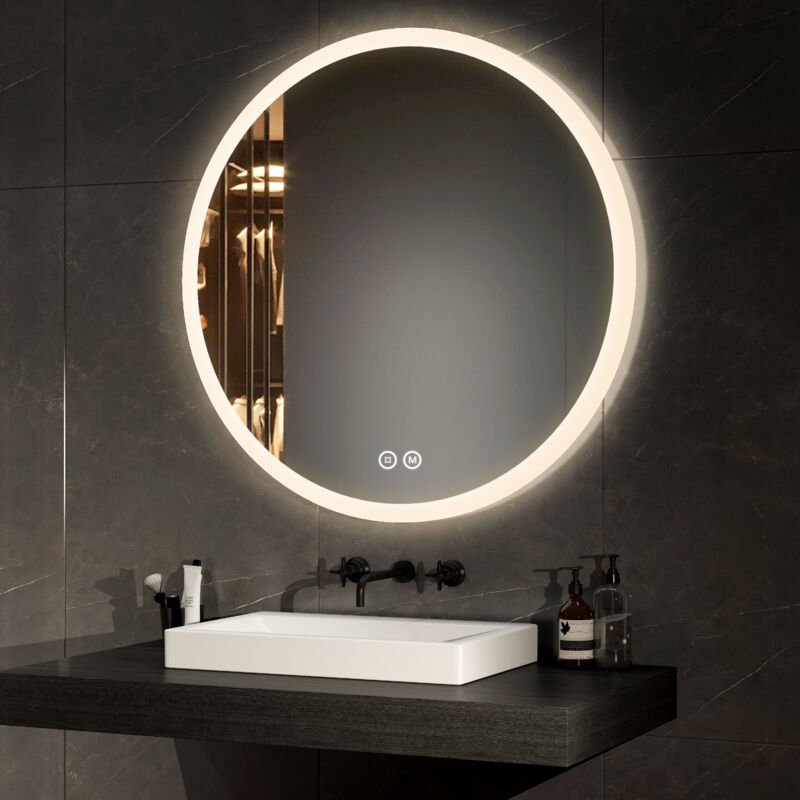 foto del prodotto emke specchio da bagno rotondo illuminato con interruttore touch, antiappannamento, 3 colori, dimmerabile, funzione memory, diametro 80cm