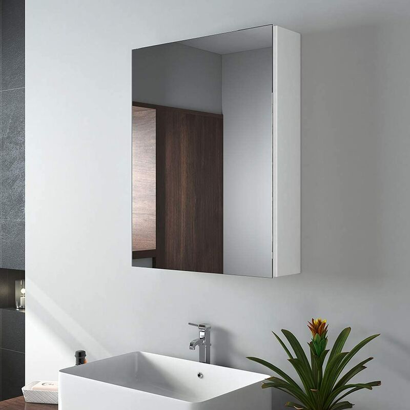 foto del prodotto emke specchio per bagno, 50 x 65 x 14,5 cm, specchio per bagno con ripiani regolabili, con maniglia invisibile e interruttore morbido, specchio
