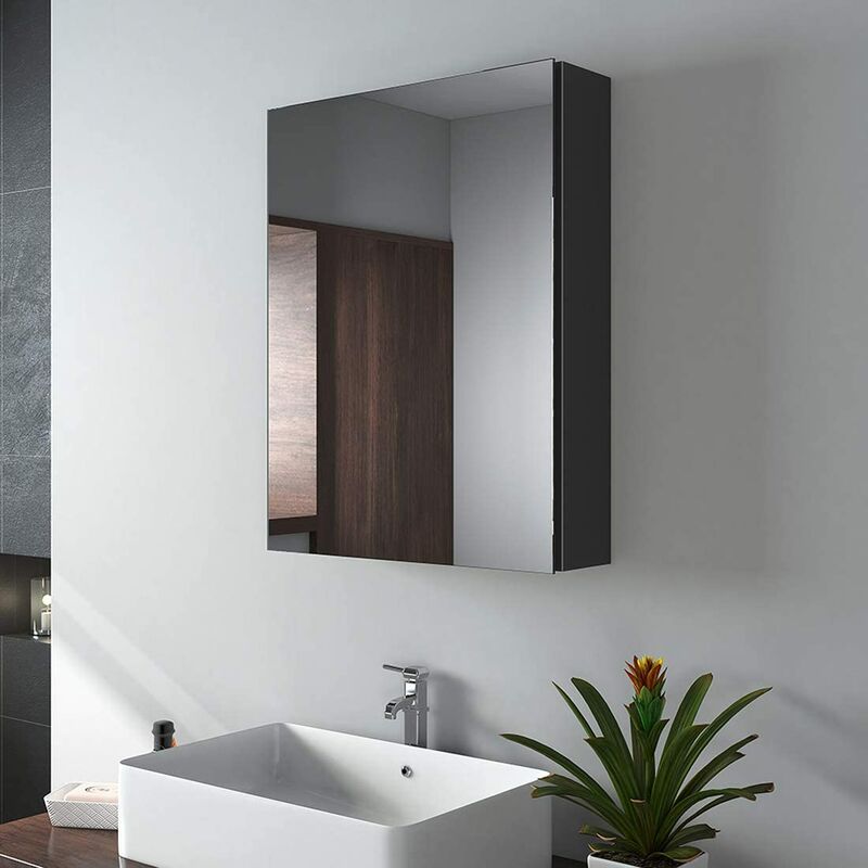 foto del prodotto emke specchio per bagno, 50 x 65 x 14,5 cm, specchio per bagno con ripiani regolabili, con maniglia invisibile e interruttore morbido, specchio