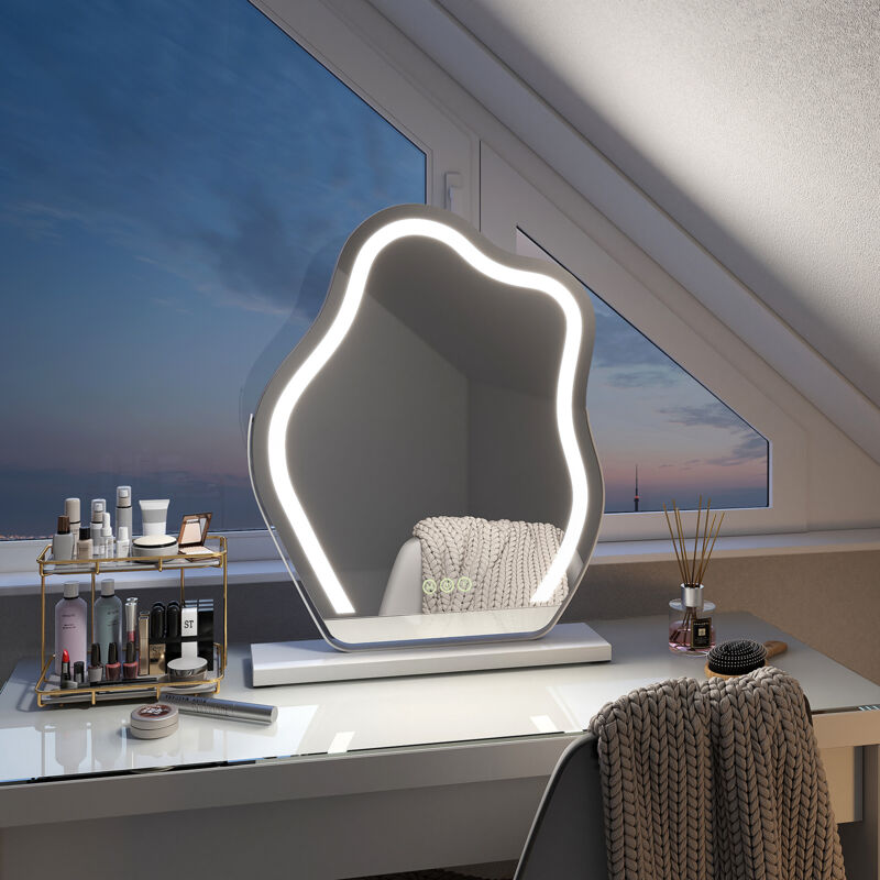 foto del prodotto emke specchio per trucco con led specchio cosmetico irregolare design moderno interruttore tattile 3 colori dimmerabile rotazione di 360 cornice