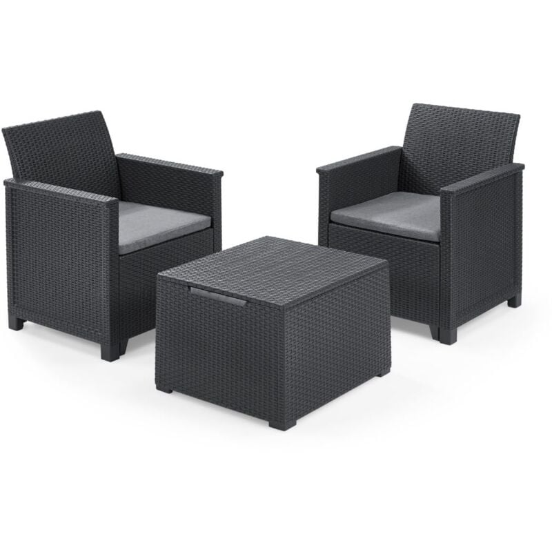 foto del prodotto emma balcony set mobile da esterno composto da due poltrone con cuscini e tavolino contenitore, grafite keter