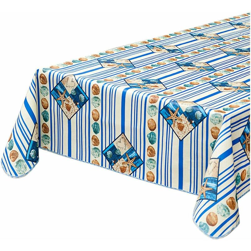foto del prodotto emmevi mv s.p.a. tovaglia antimacchia cucina conchiglie mare bordata cotone plastificato proteggi tavolo copritavolo bianco 120x160 cm