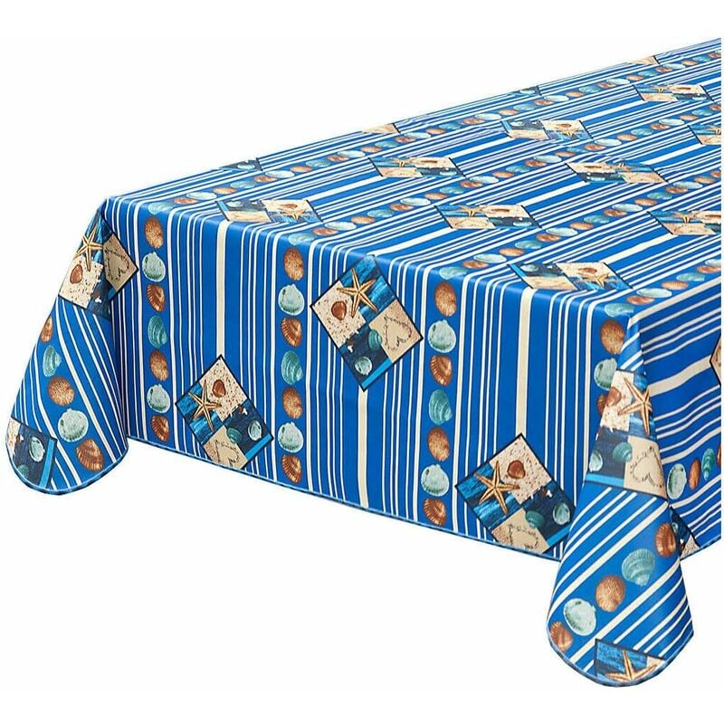 foto del prodotto emmevi mv s.p.a. tovaglia antimacchia cucina conchiglie mare bordata cotone plastificato proteggi tavolo copritavolo blu 135x230 cm