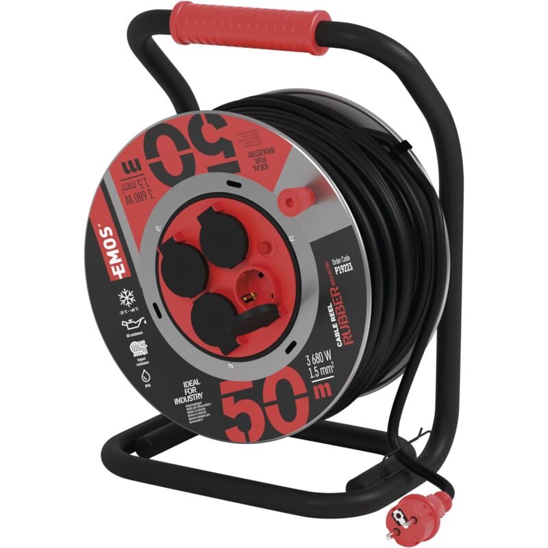 foto del prodotto emos avvolgicavo da 50 m in lamiera d acciaio 4 prese schuko impermeabile, resistente agli urti, olio e alle intemperie 230 v, 16 a, 3680 w
