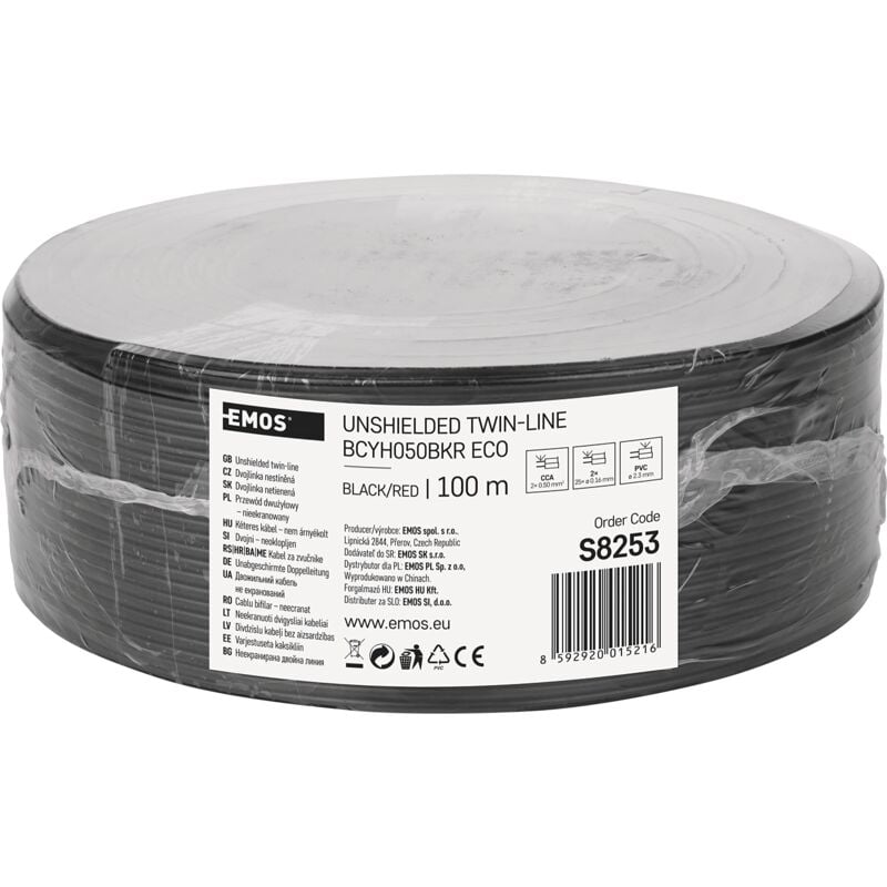 foto del prodotto emos cavo in rame 2 x 0,5 mm2, 100 m, cavo a doppio filo in cca a bassa tensione, nero con marcatura di polarità