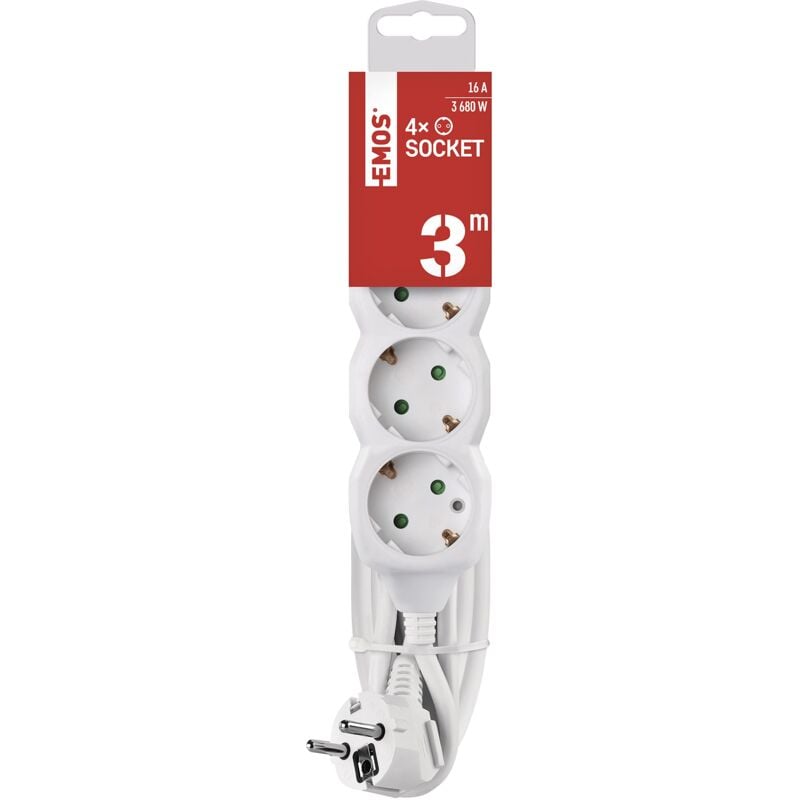 foto del prodotto emos ciabatta elettrica a 4 prese, cavo bianco, prese ruotate a 45 , 1,5 mm, schuko, con sicurezza per bambini, ip20, per interni 3 m