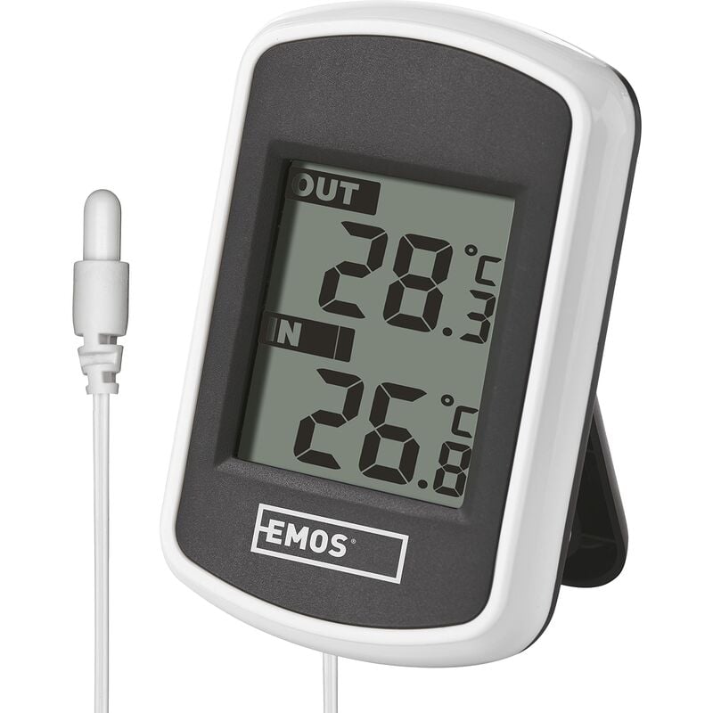 foto del prodotto emos e0041 termometro digitale per interni ed esterni con alimentatore cavo, cablato, a batteria, plastica, bianco