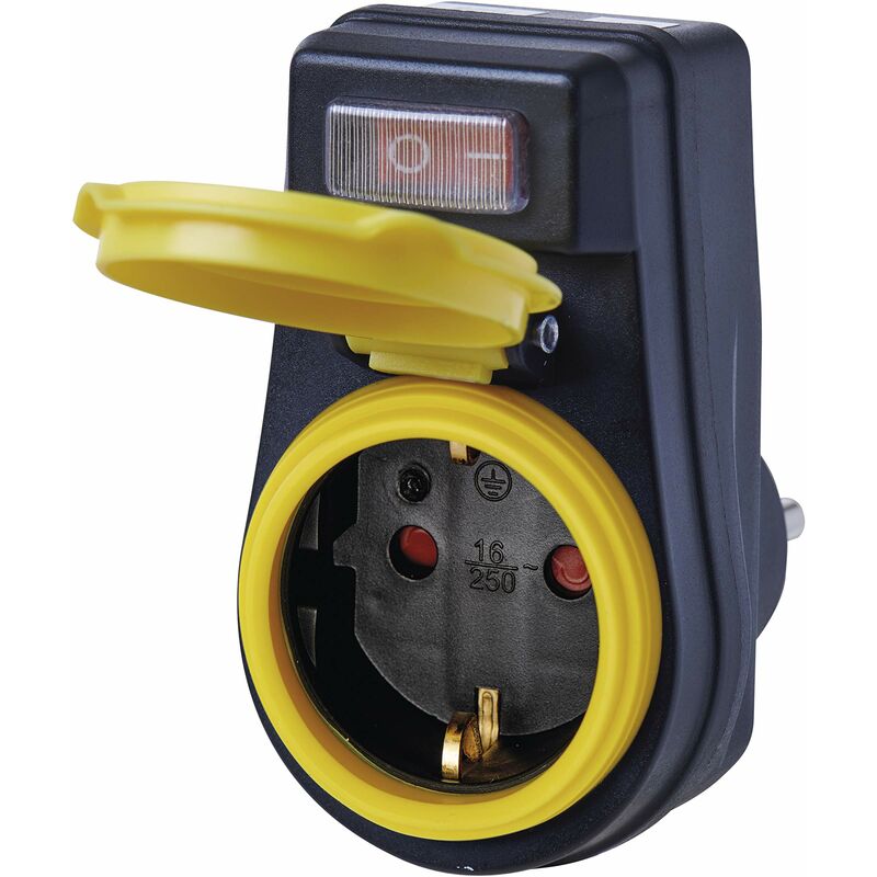 foto del prodotto emos p00292 presa interruttore, ip44, adattatore schuko impermeabile con cappuccio di protezione per esterni, nero