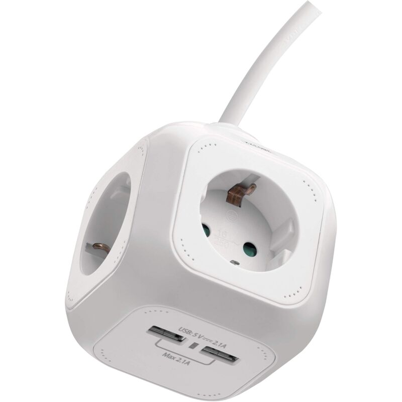 foto del prodotto emos p04219gu cubo con 4 prese e 2 porte usb schuko, cavo da 1,9 m, supporto da parete, protezione per bambini, bianco