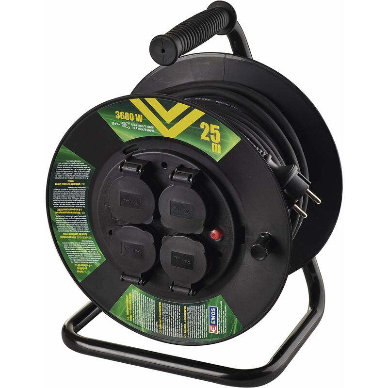 foto del prodotto emos p08225 avvolgicavo professionale prolunga della societ protezione ip44, m di cavo con 4 prese schuko, 1,5 mm2 di gomma, per uso esterno,