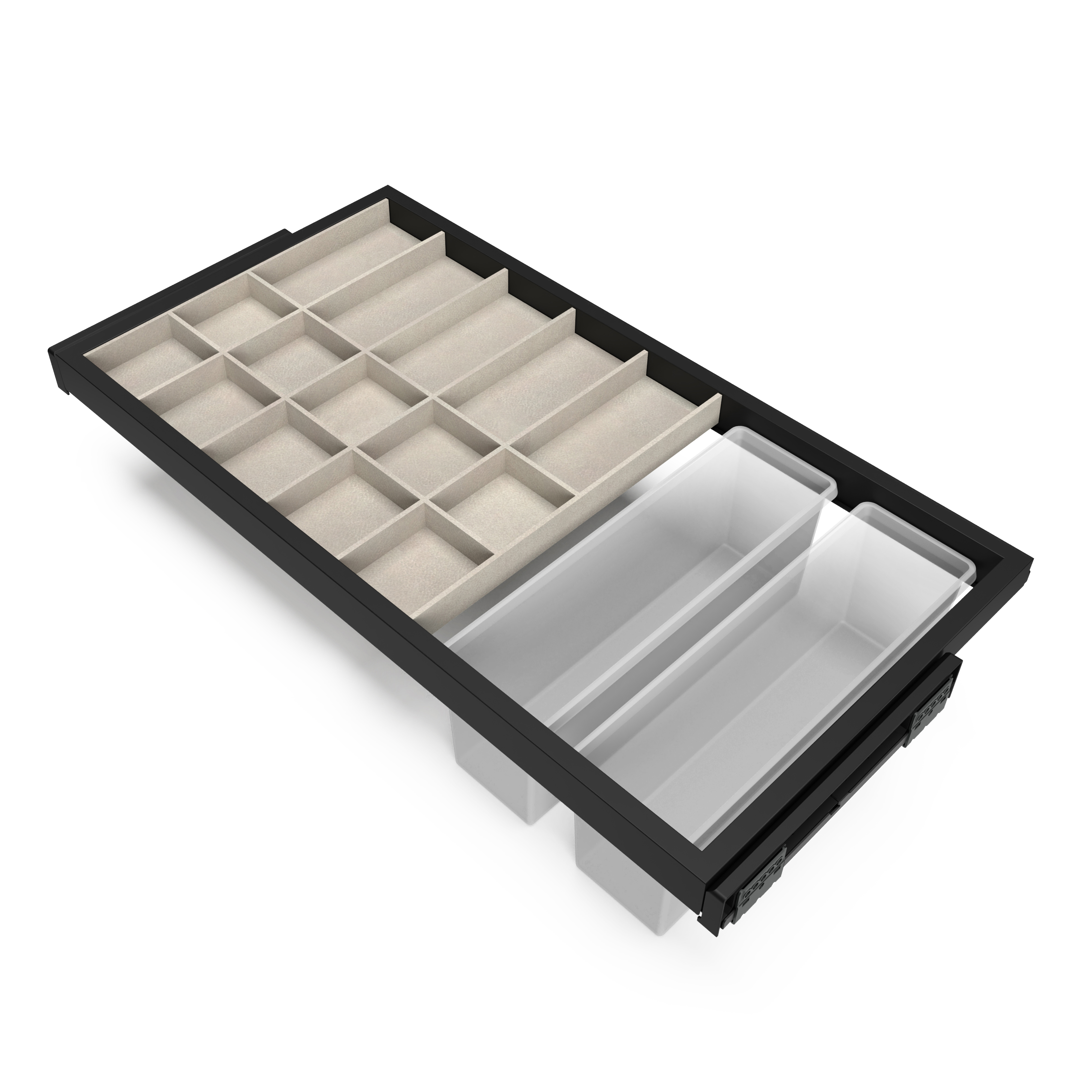 foto del prodotto emuca kit cassetto organizzatore con vassoio ausiliario e telaio con guide a chiusura morbida per armadio, regolabile, modulo 900mm, nero testurizzato e grigio pietra