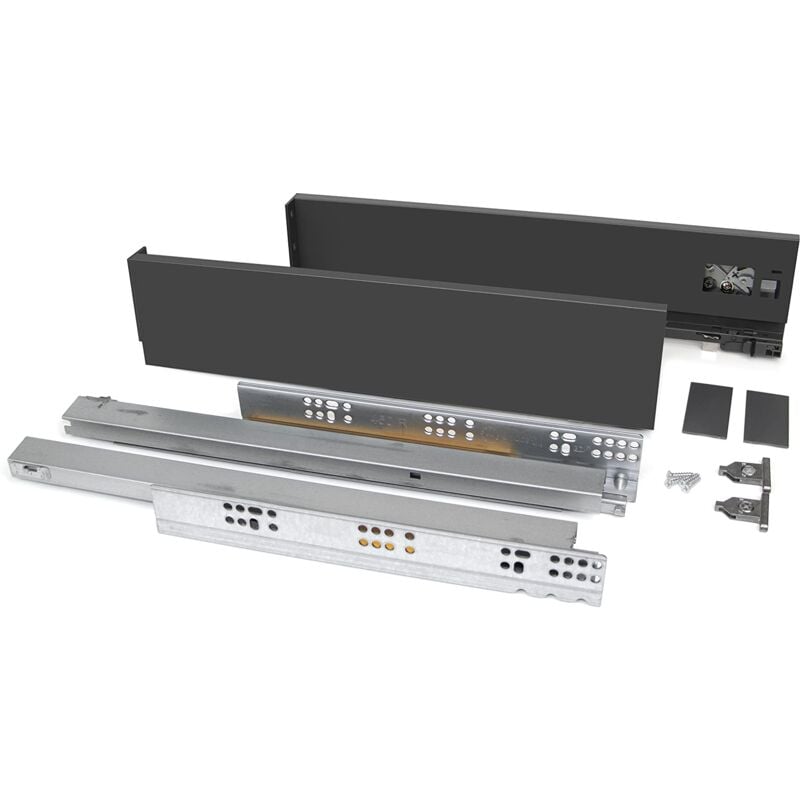foto del prodotto emuca kit cassetto per cucina o bagno, altezza 93 mm, prof. 550 mm, 40 kg, chiusura soft, pannelli no inclusi, acciaio, grigio antracita