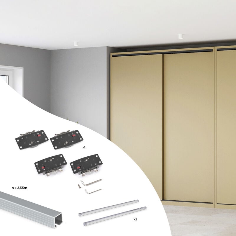 foto del prodotto emuca kit di ferramenta per armadio 2 con porte scorrevoli e chiusura soft flow2 con binari incassati 2,35 m, pannelli non inclusi, anodizzato opaco