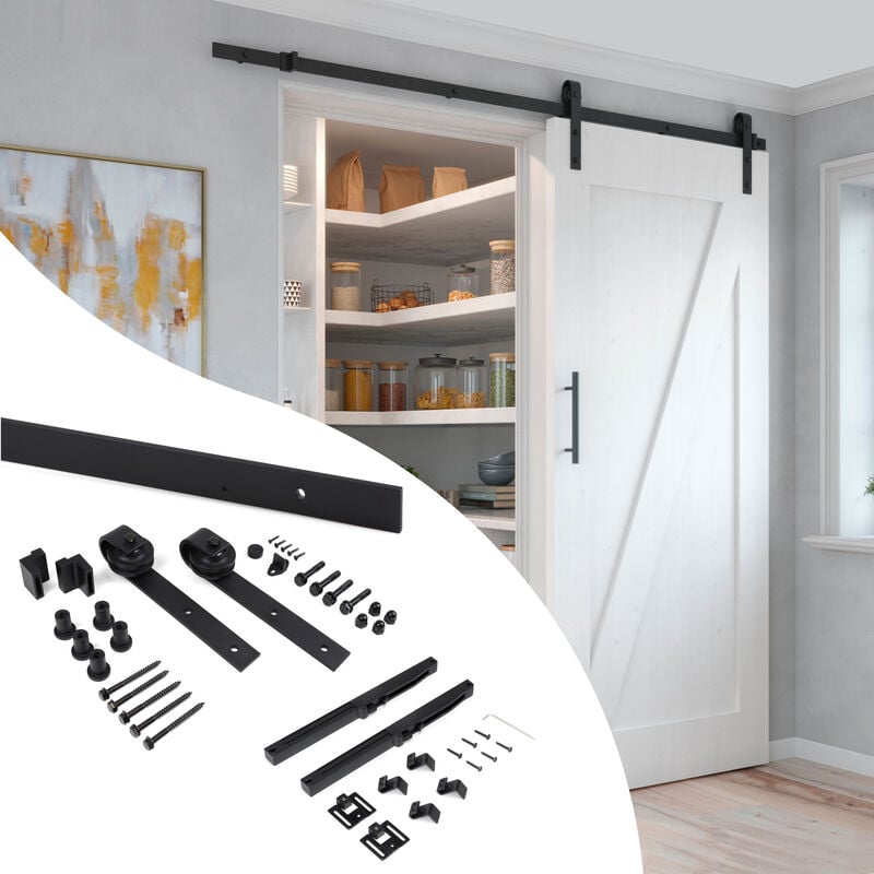 foto del prodotto emuca kit di ferramentaper porta scorrevole appesa in legno barn, con chiusura soft, pannelli non inclusi, acciaio e tecnoplastica, verniciato nero