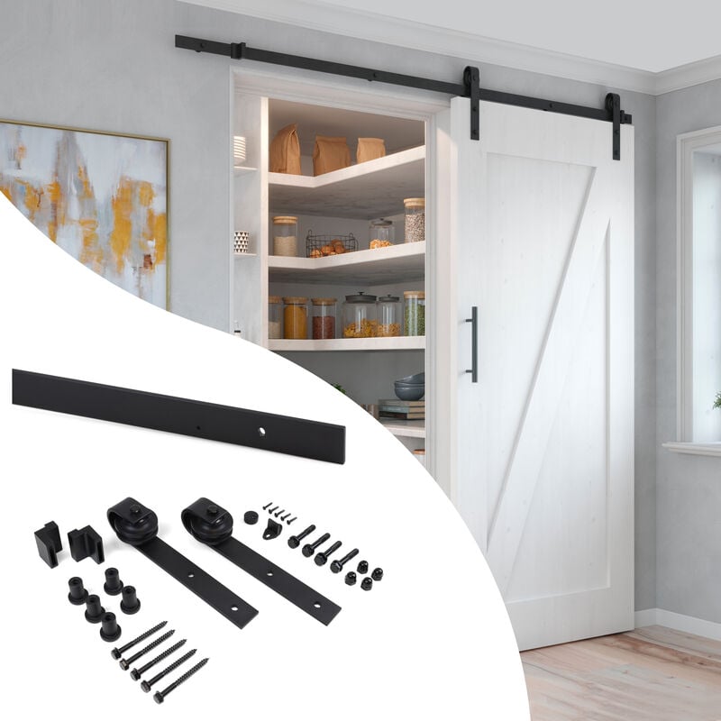 foto del prodotto emuca kit di ferramentaper porta scorrevole appesa in legno barn, senza chiusura soft, pannelli non inclusi, acciaio e tecnoplastica, verniciato