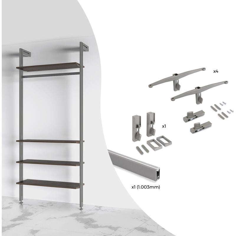 foto del prodotto emuca kit di staffeper 4 ripiani in legno e 1 asta appendiabiti lunga 1 m zero, alluminio e zama e tecnoplastica, verniciato grigio pietra